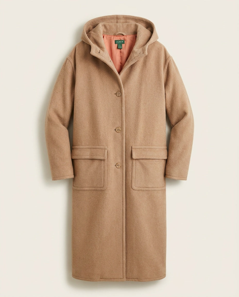J. CREW Hooded Wool-Blend Overcoat in Camel/Tan with Salmon Acetate Lining - photo 1