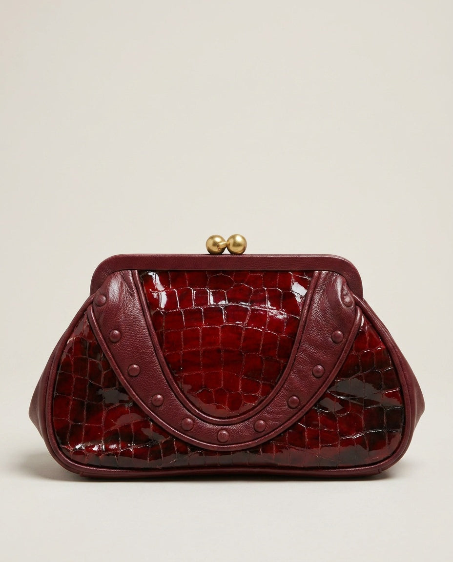 Isabella Fiore Structured Clutch Bag - Deep Burgundy Crocodile Embossed with Gold-Tone Hardware - photo 1