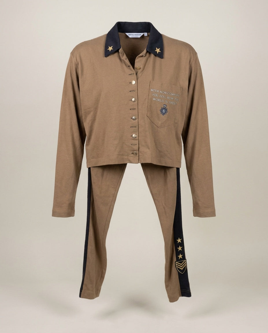 UNITED MORGAN 1980s Military-Inspired Cropped Shirt & Slim Track Pants in Tan/Khaki with Embroidery - photo 1