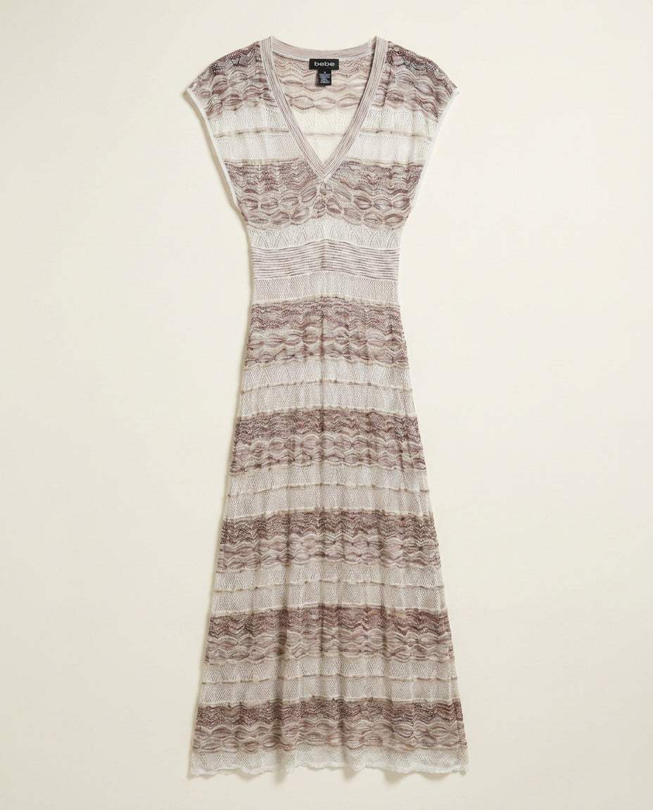 bebe Knit Maxi Dress with Horizontal Stripes and Open-Knit Texture - photo 1