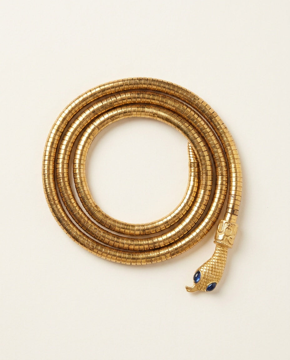 Gold-Tone Snake-Form Flexible Metal Belt with Sculpted Head and Blue Cabochon Eyes - photo 1