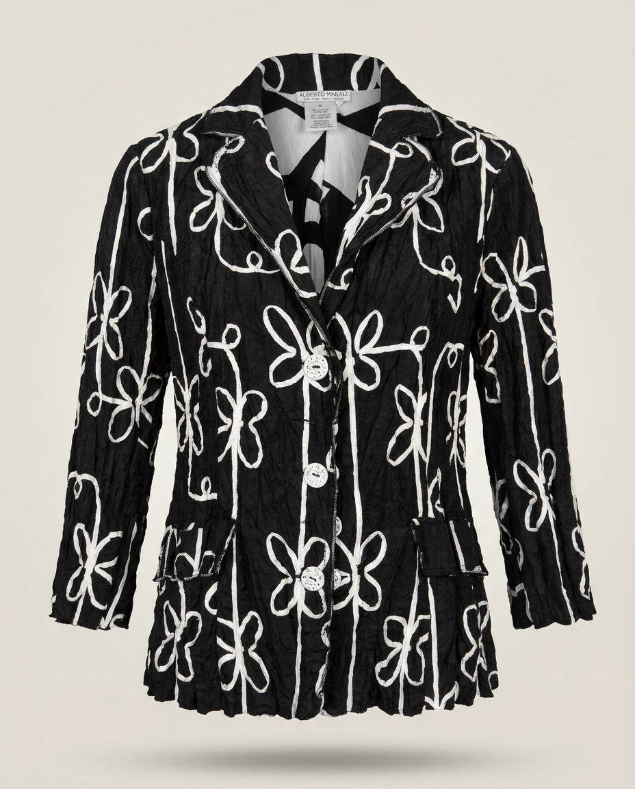 Alberto Makali Black Crinkle Fabric Blazer with White Floral Appliqué - photo 1