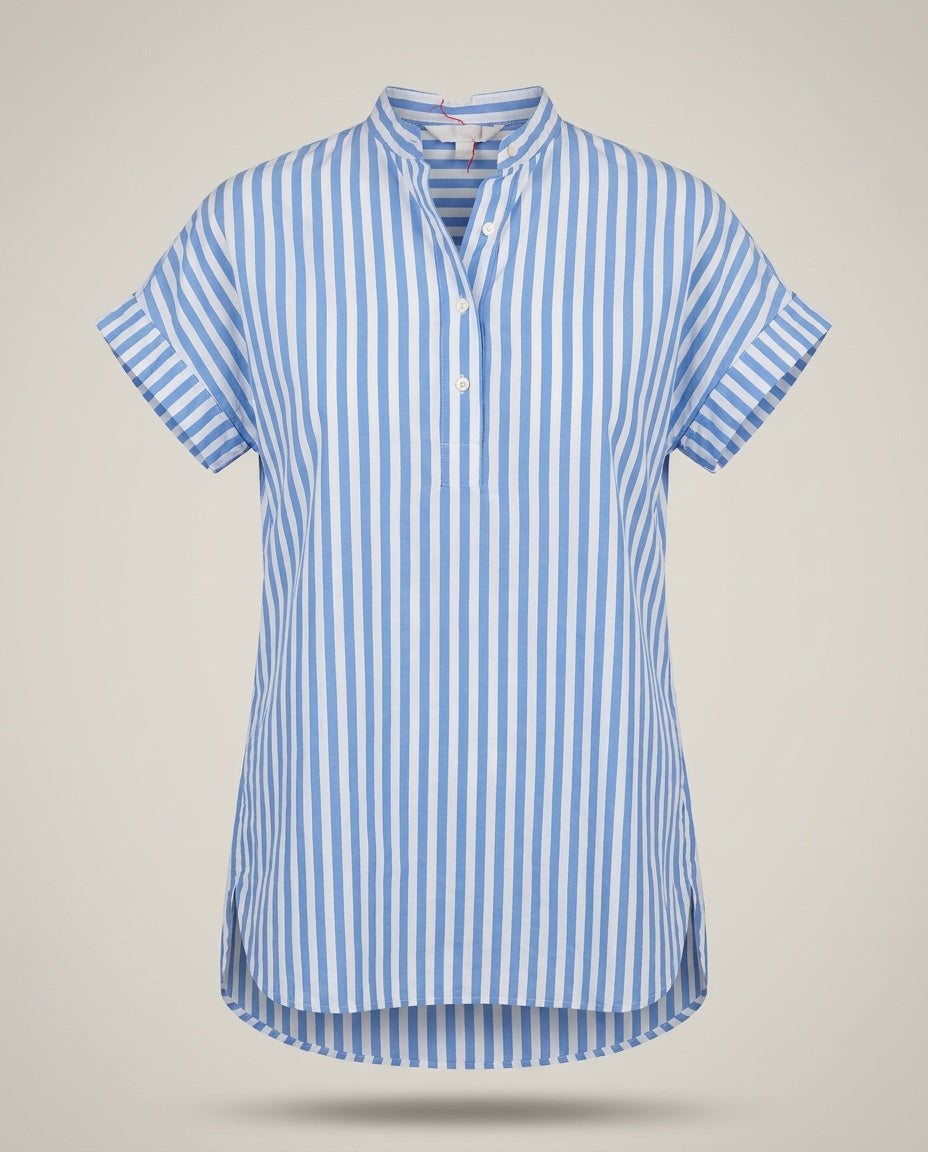 Blue and White Striped Ruffle Blouse with Mandarin Collar - photo 1