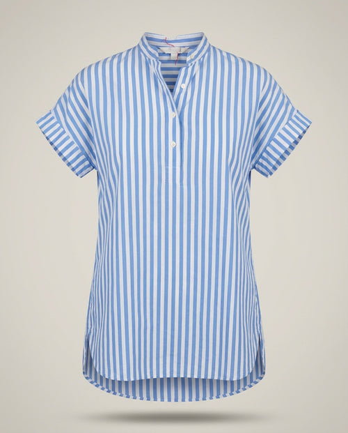 Blue and White Striped Ruffle Blouse with Mandarin Collar - photo 1