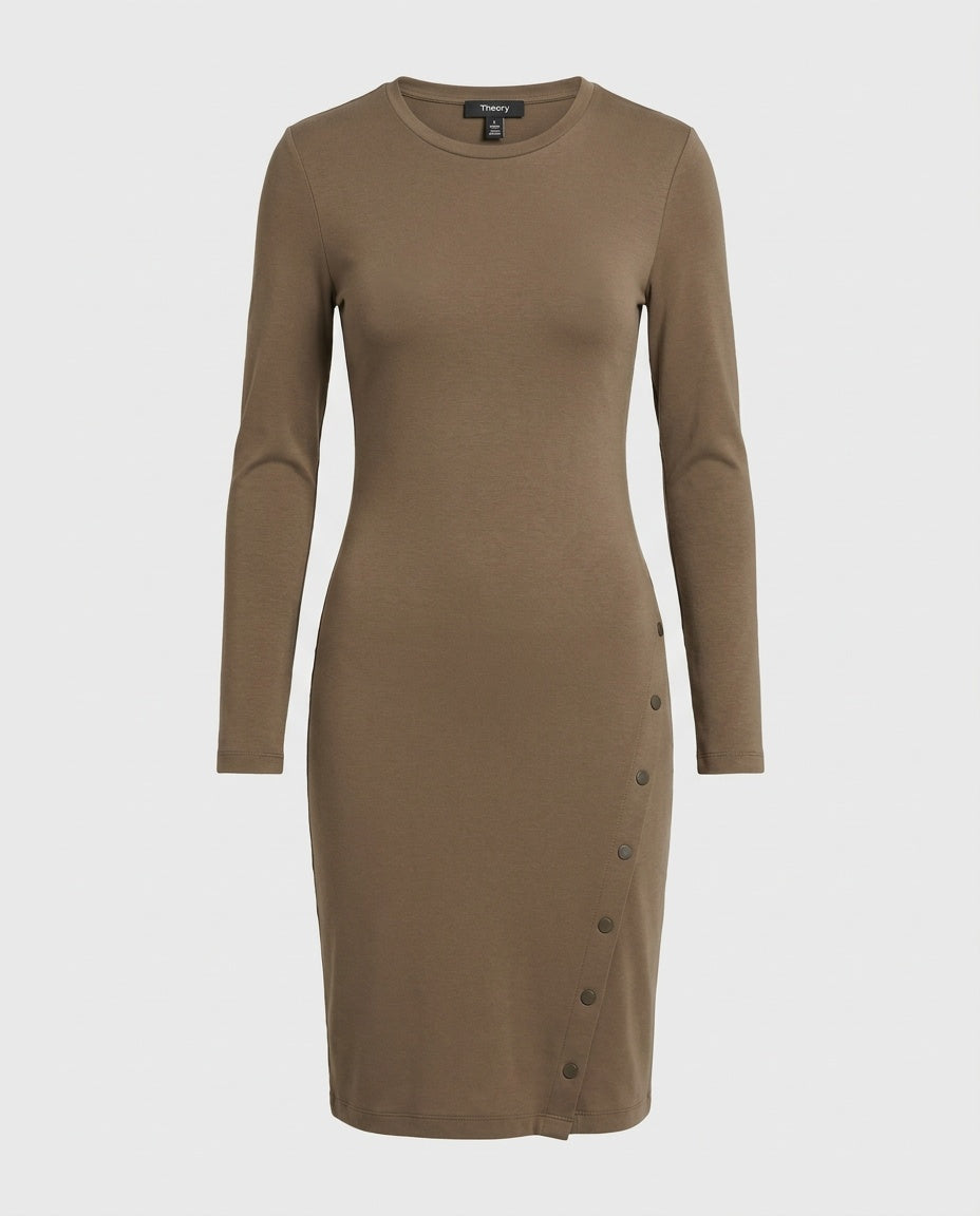 Theory Long-Sleeve Midi Bodycon Dress in Taupe/Olive Brown with Side Snap Closure - photo 1