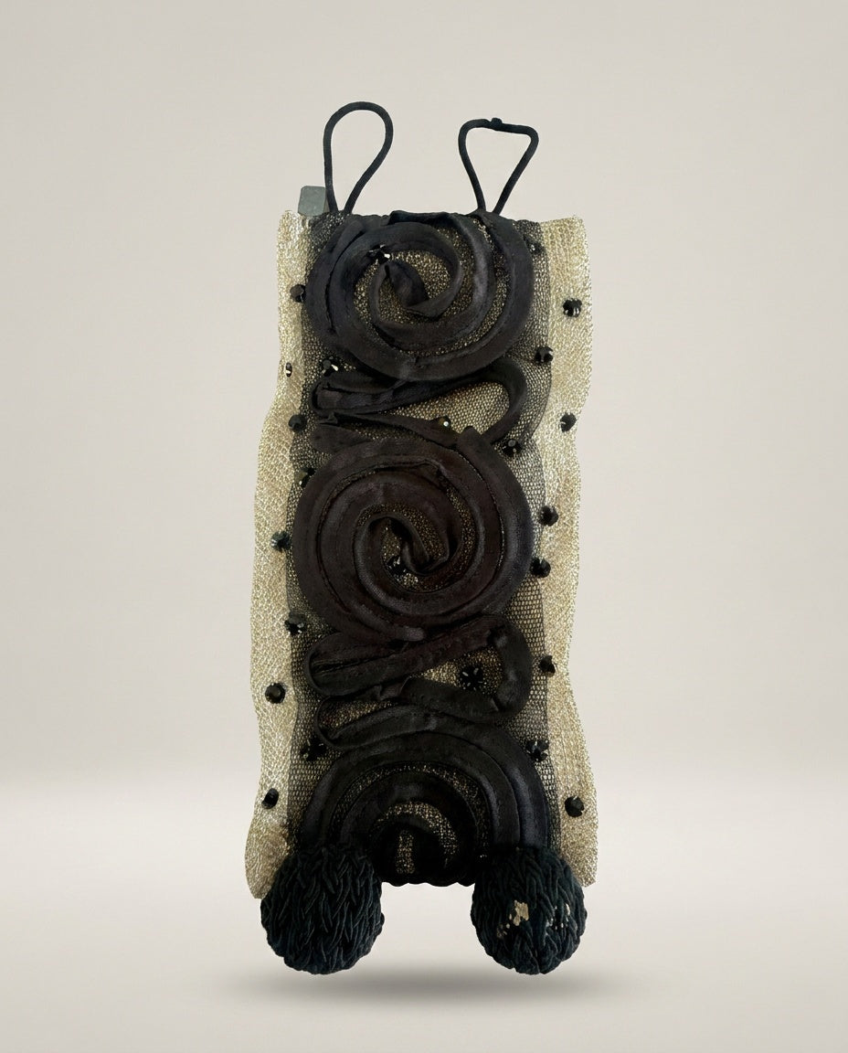 Gold Mesh Wrist Cuff with Black Fabric Scroll Appliqués - photo 1