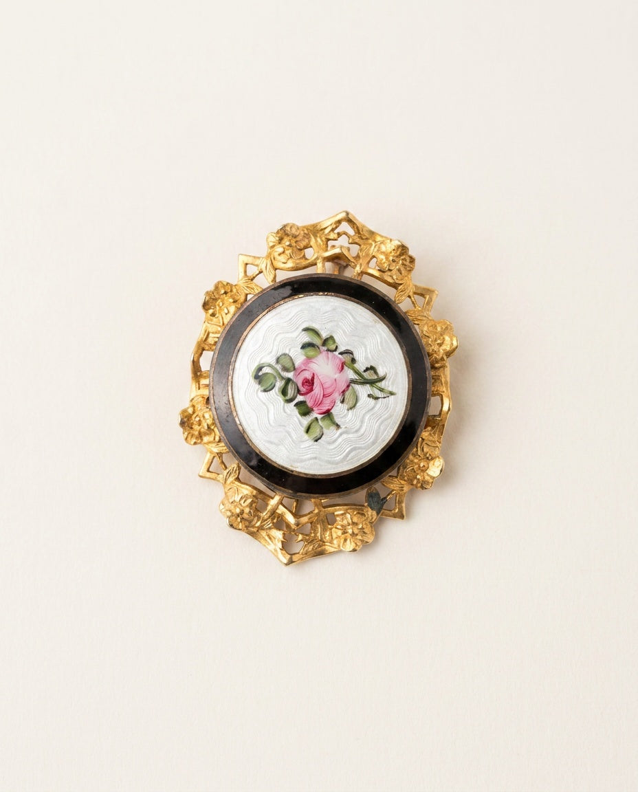 Vintage Gold-Tone Enamel Brooch with Pink Rose and Guilloche Design - photo 1