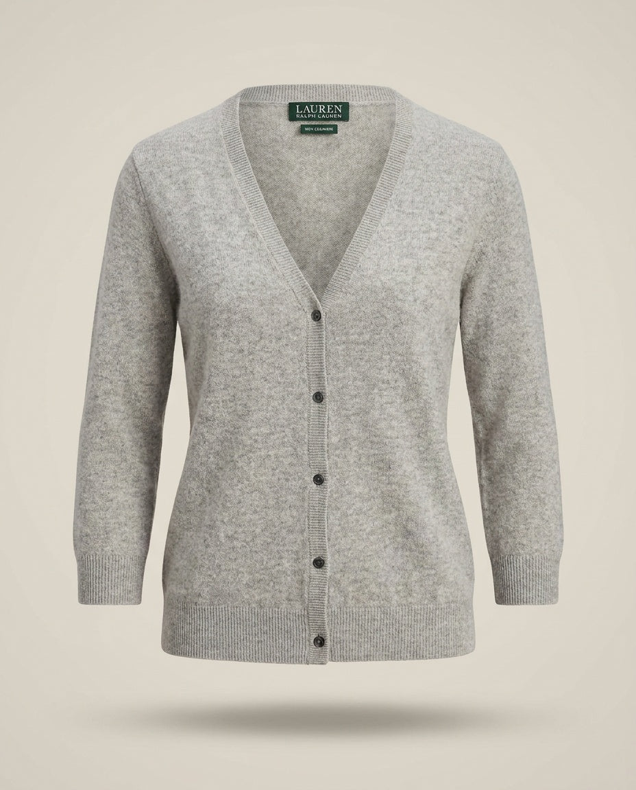 Ralph Lauren Heather Gray Cashmere V-Neck Cardigan with Dark Green Label - photo 1
