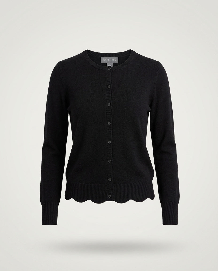 KATE HILL Black Fine Knit Cardigan with Scalloped Hem - photo 1