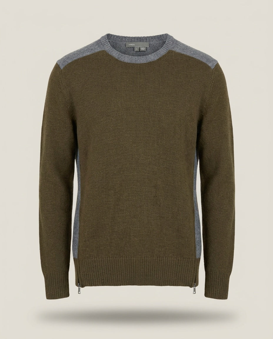 Vince Color-Block Crewneck Sweater in Olive-Brown & Heather Grey-Blue - photo 1