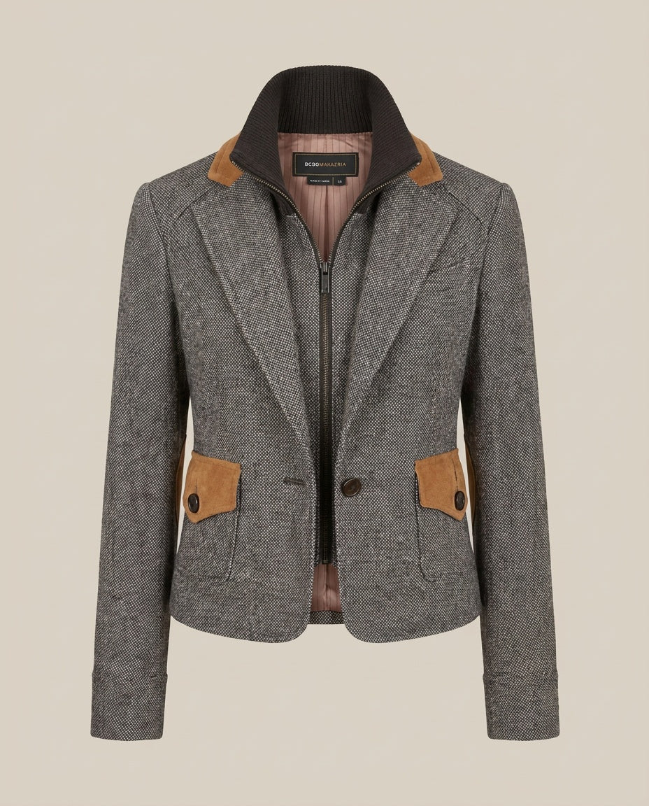 BCBGMAXAZRIA Cropped Tweed Blazer with Suede Trim – XS - photo 1