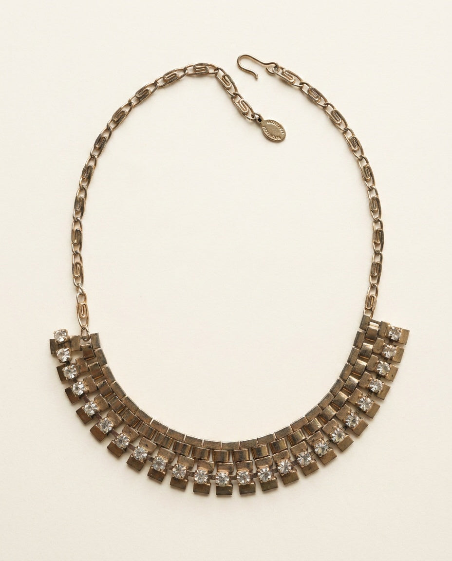 Mid-Century Rhinestone and Book-Chain Bib Necklace - photo 1