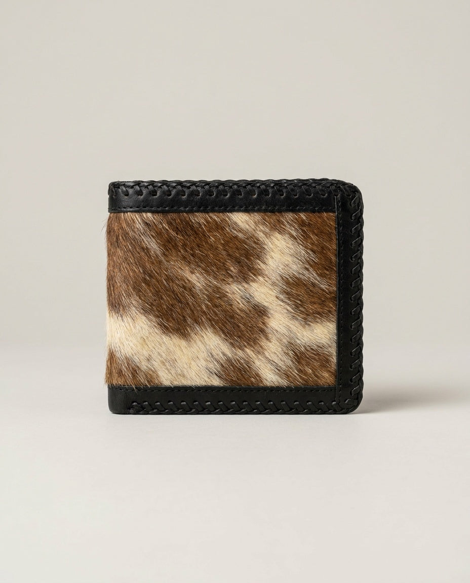 Vintage Hair-on-Hide Bifold Wallet with Black Leather Frame and Tan Interior Panels - photo 1