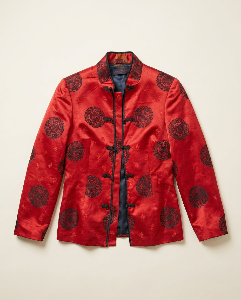 Jeccy Uniform Red Mandarin Collar Jacket with Black Medallion Motifs - photo 1