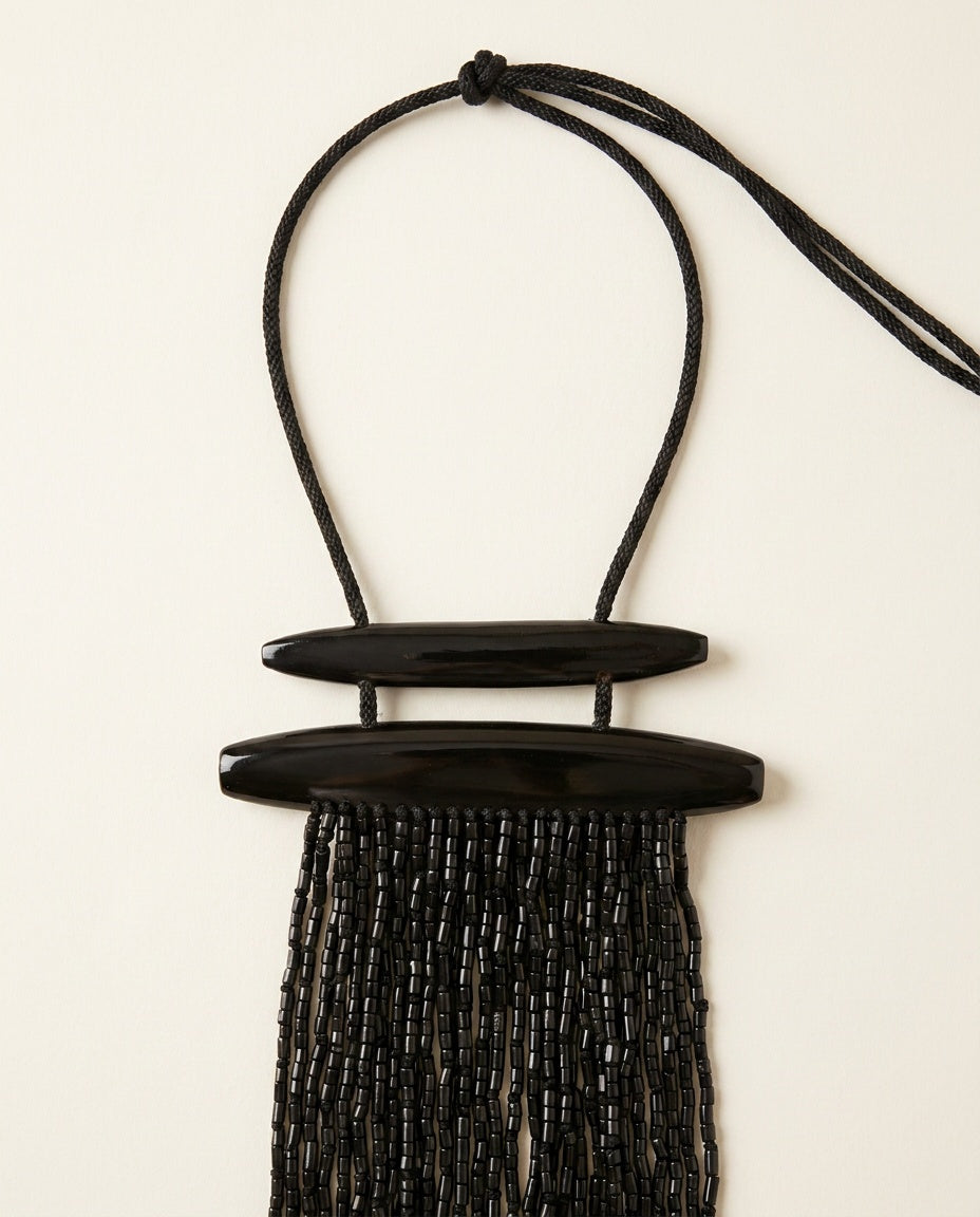 Black Beaded Fringe Statement Necklace with Cord Tie and Oval Bar Hardware - photo 3