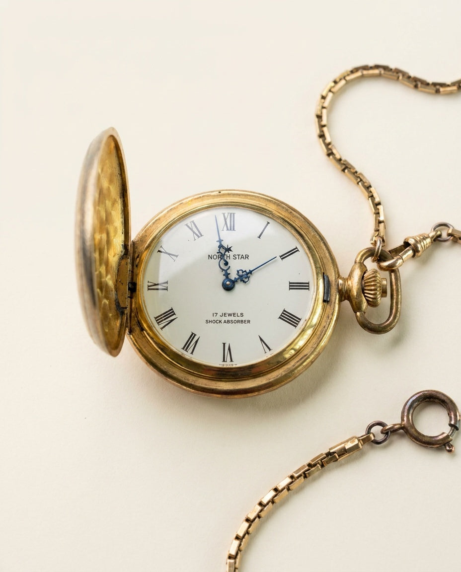 North Star 1970s Hunter-Case Pocket Watch with Guilloche Engraving and Fob Chain - photo 3