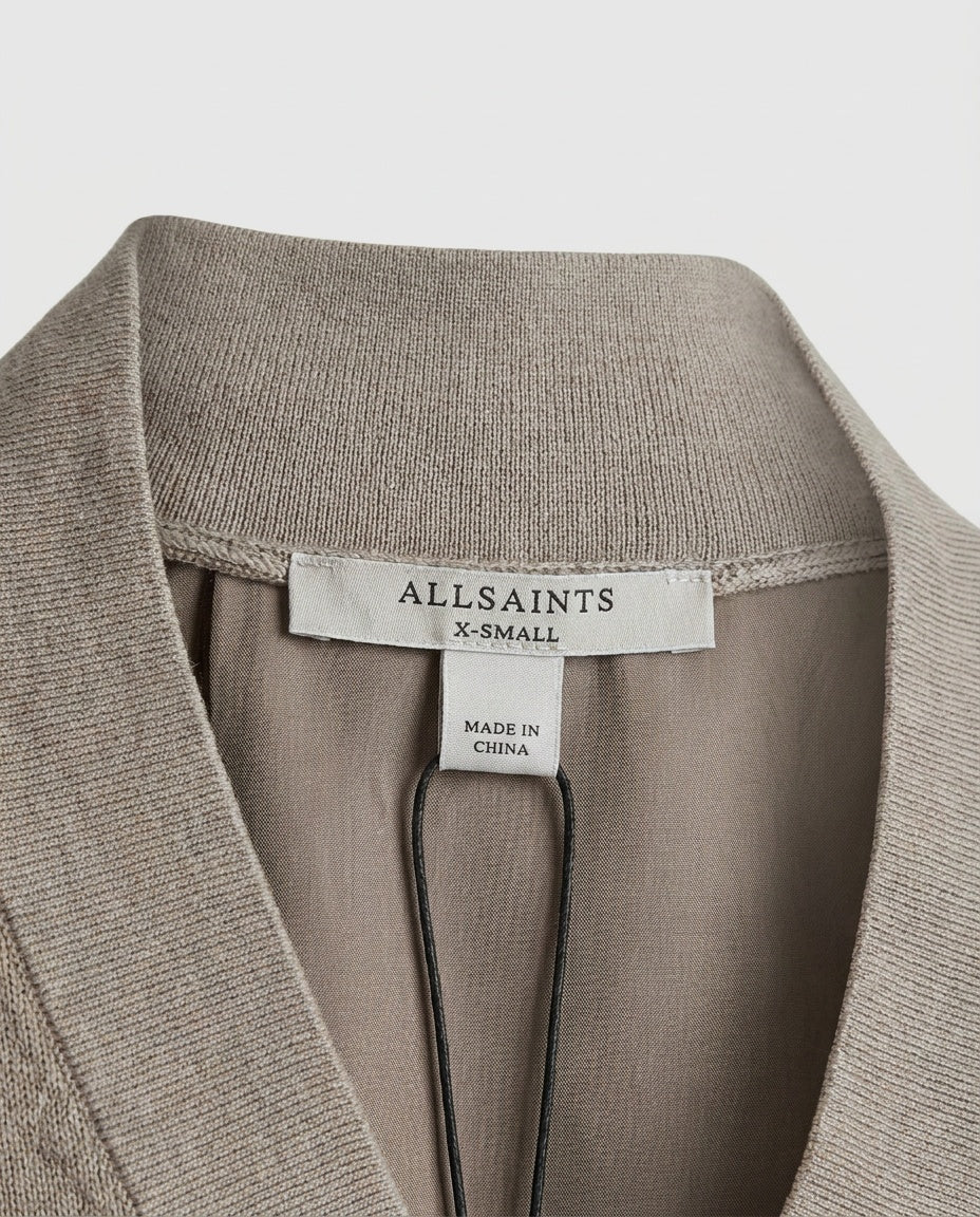 ALLSAINTS Mixed-Media V-Neck Knit Sweater in Taupe/Greige - photo 3