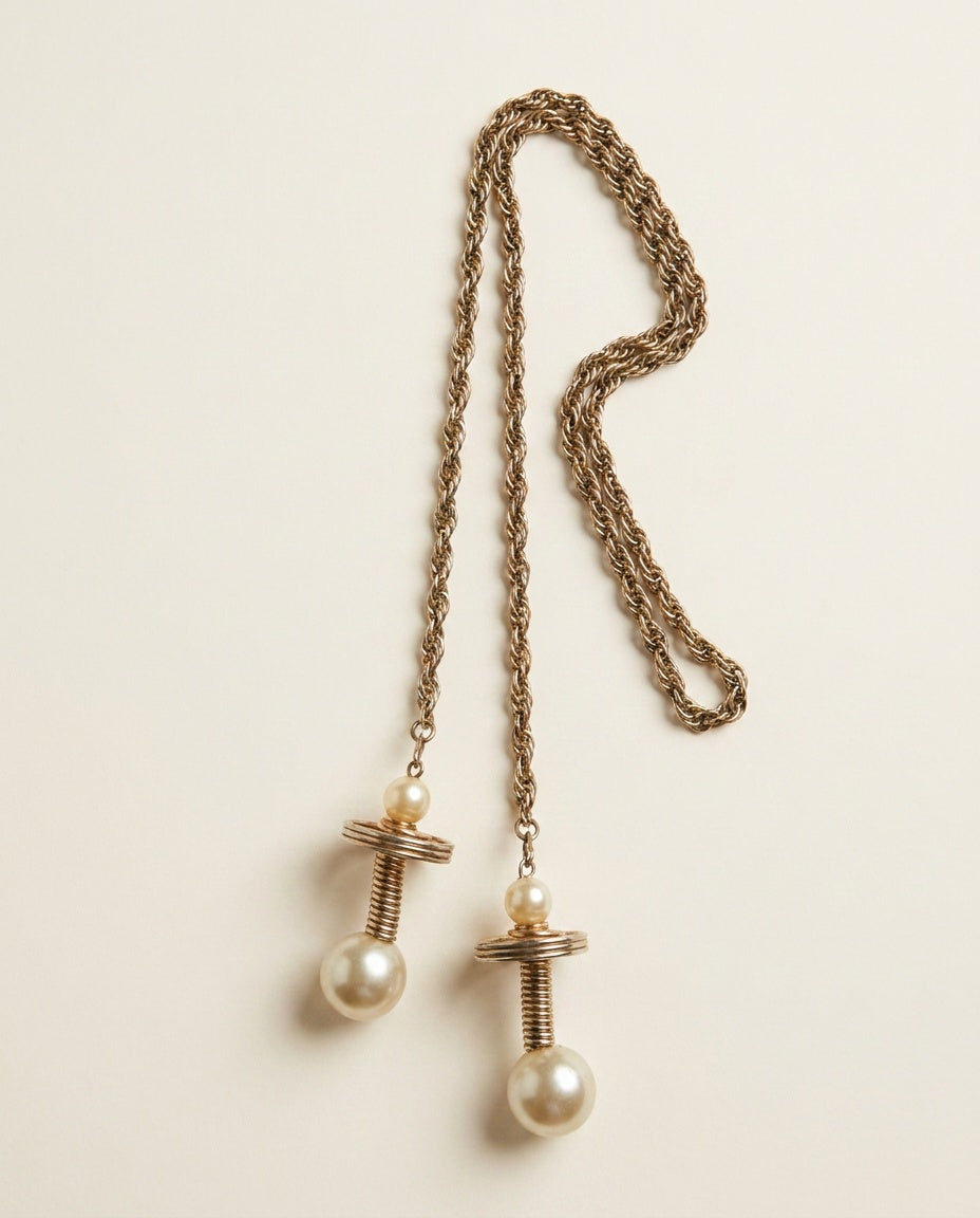 Mid-20th Century Faux Pearl Lariat Necklace with Coiled Wire Spring Pendants - photo 3