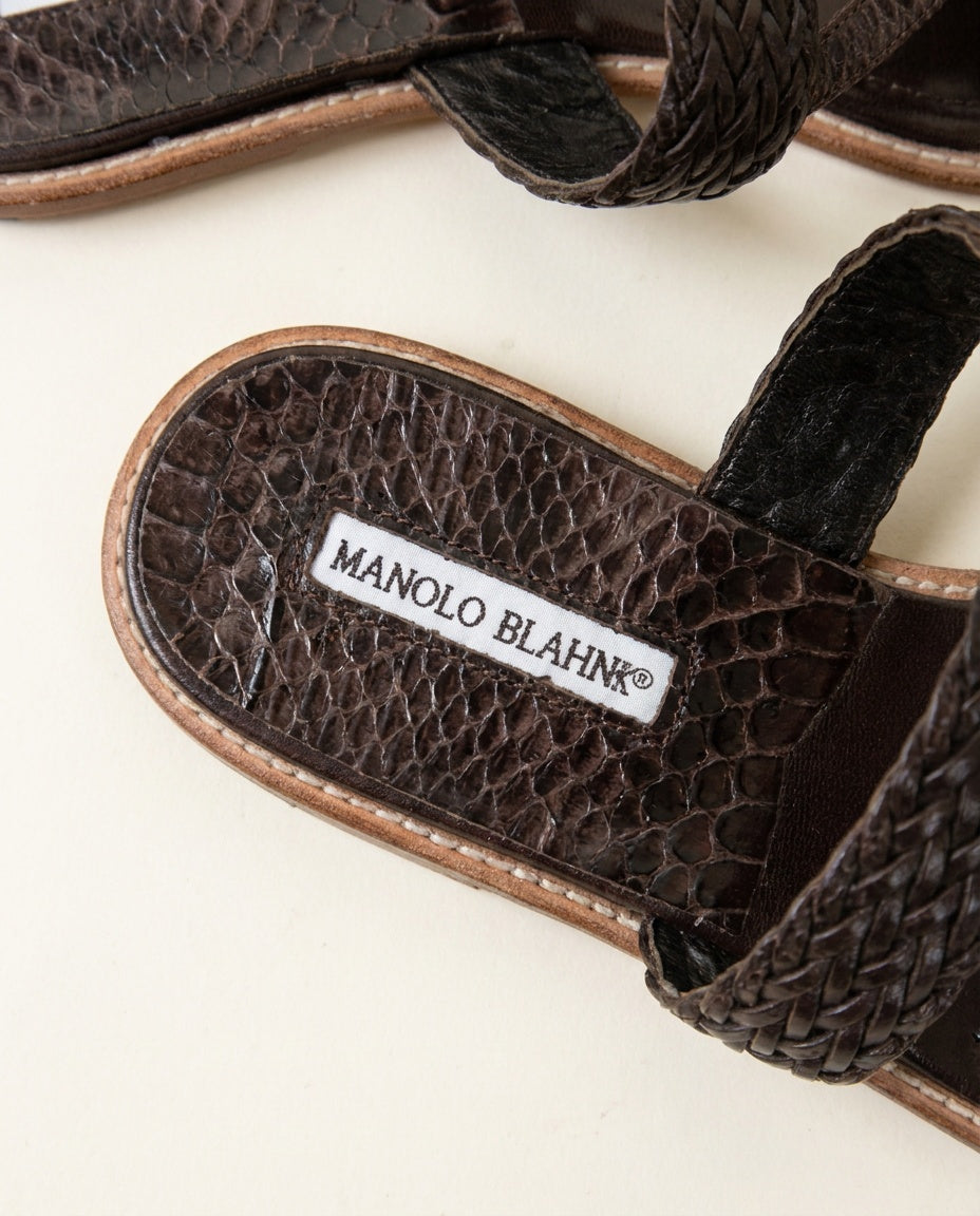 Manolo Blahnik Dark Brown Woven-Strap Slide Sandals with Reptile-Embossed Footbed - photo 3
