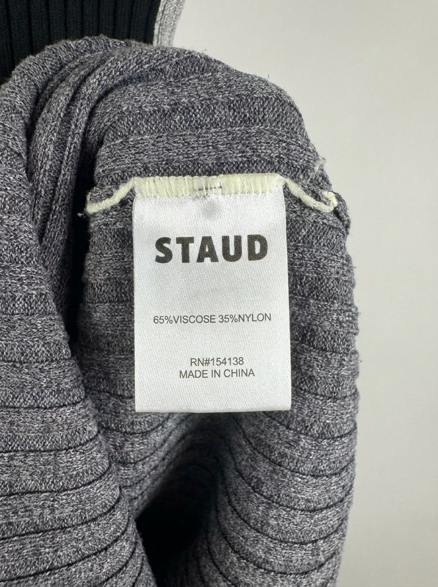 STAUD Ribbed Knit Colorblock Midi Dress in Dark Charcoal & Light Heather Grey - photo 3