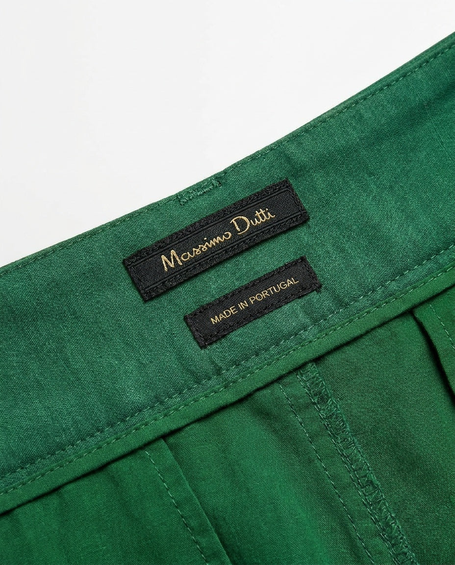 Massimo Dutti Emerald Green Pleated Tapered Trousers with Cuffed Hem, 62% Linen / 38% Viscose - photo 3