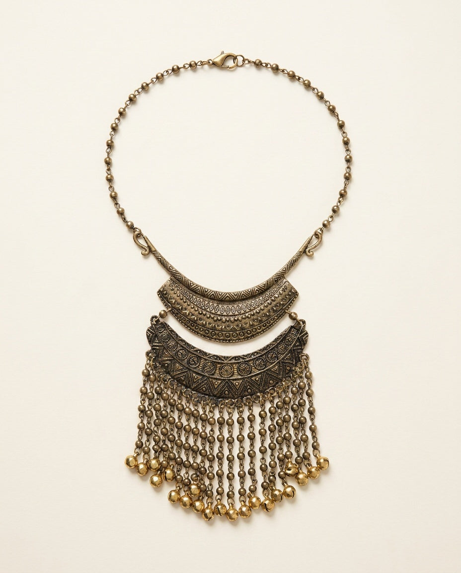 Tribal Style Bib Necklace with Crescent Tiers and Fringe Chains - photo 3