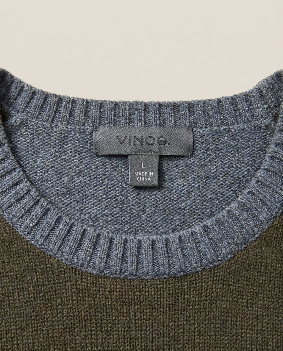 Vince Color-Block Crewneck Sweater in Olive-Brown & Heather Grey-Blue - photo 3