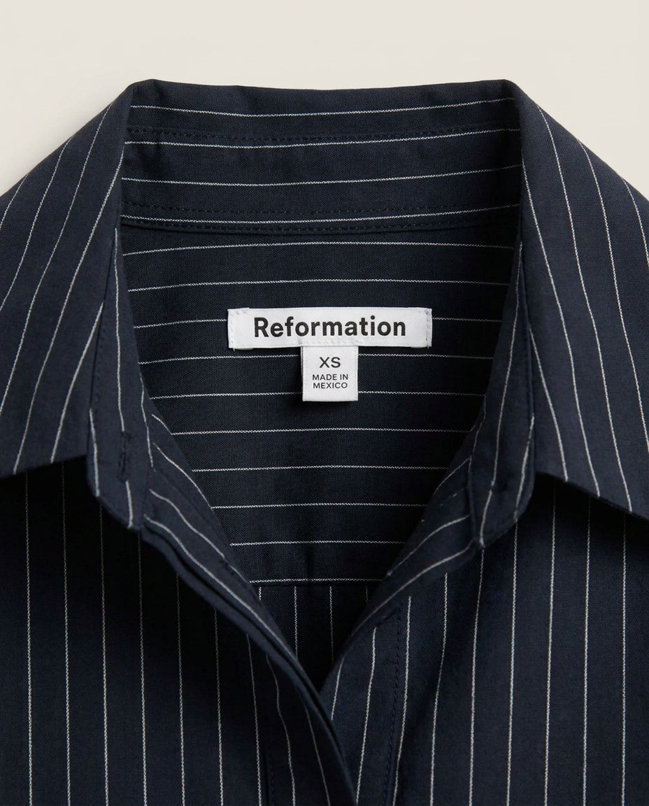 Reformation Navy White Pinstripe Button-Forward Long-Sleeve Shirt XS - photo 3