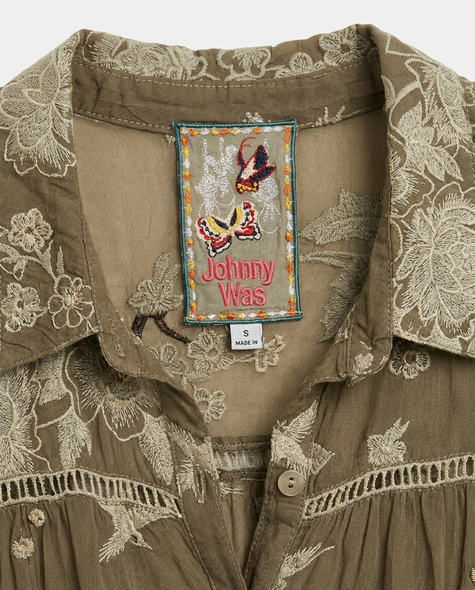 Johnny Was Tiered Embroidered Button-Forward Blouse in Olive/Khaki with Cream Embroidery - photo 3