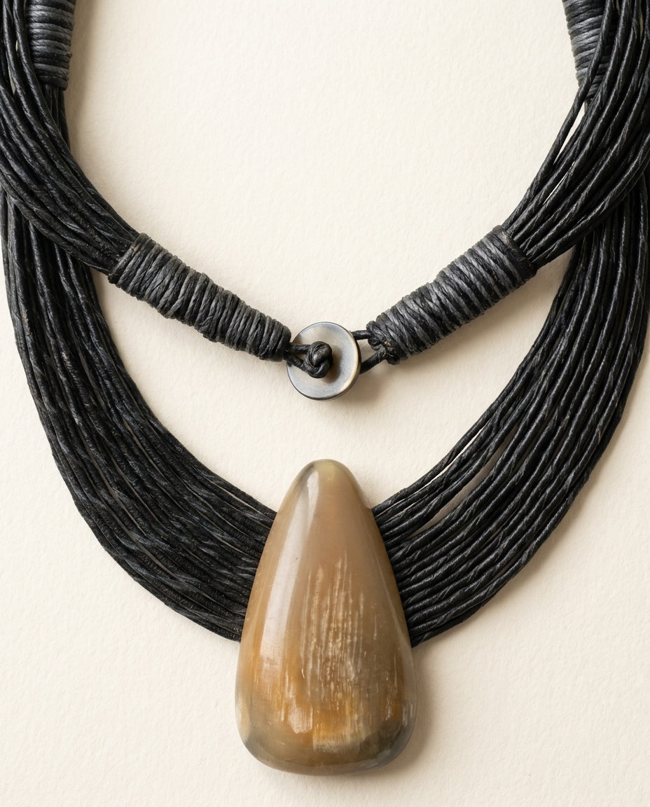 Mid-20th Century Multi-Strand Leather Cord Bib Necklace with Teardrop Pendant - photo 3