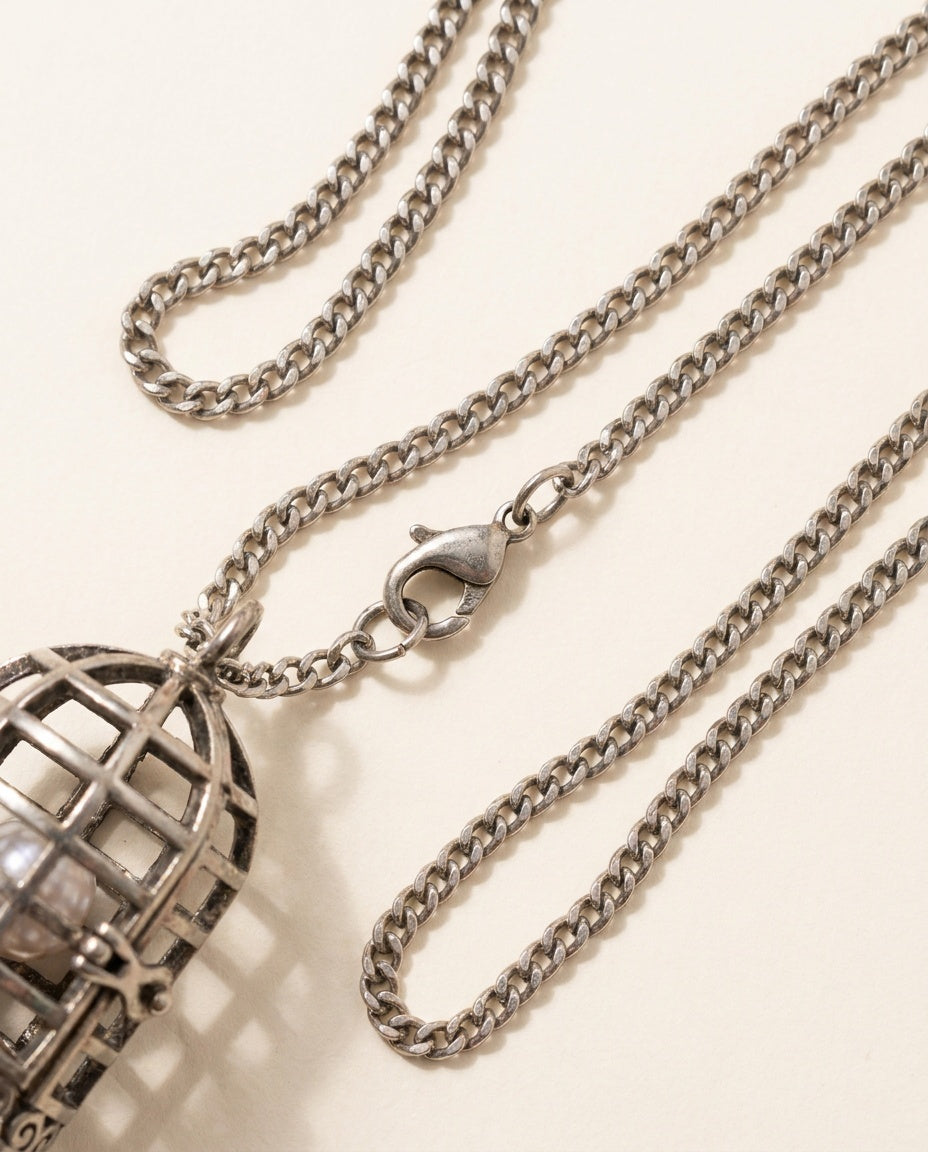 1990s Silver-Tone Birdcage Pendant Necklace with Curb-Link Chain and Interior Bead - photo 3