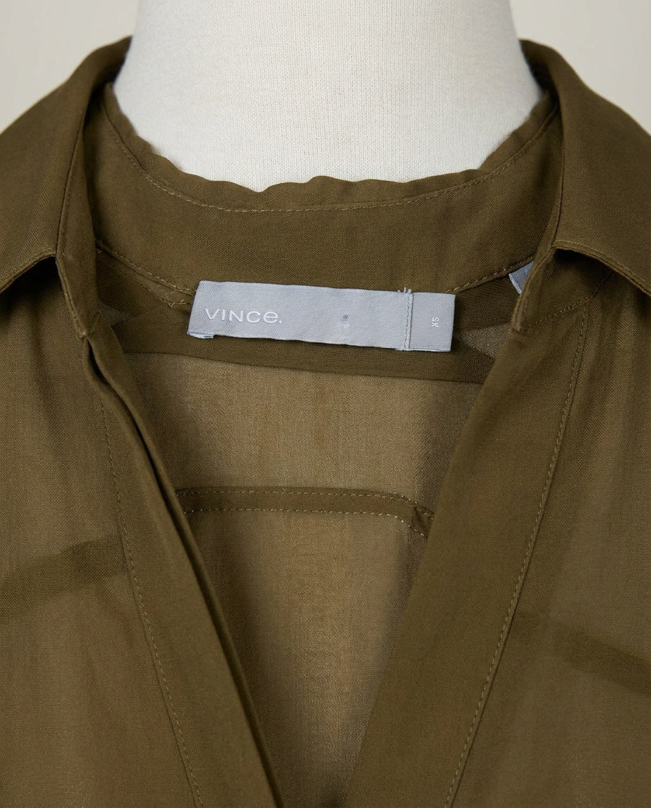 Vince Olive Green Silk Long-Sleeve Blouse with Scalloped Hem and Sheer Back Yoke - photo 3