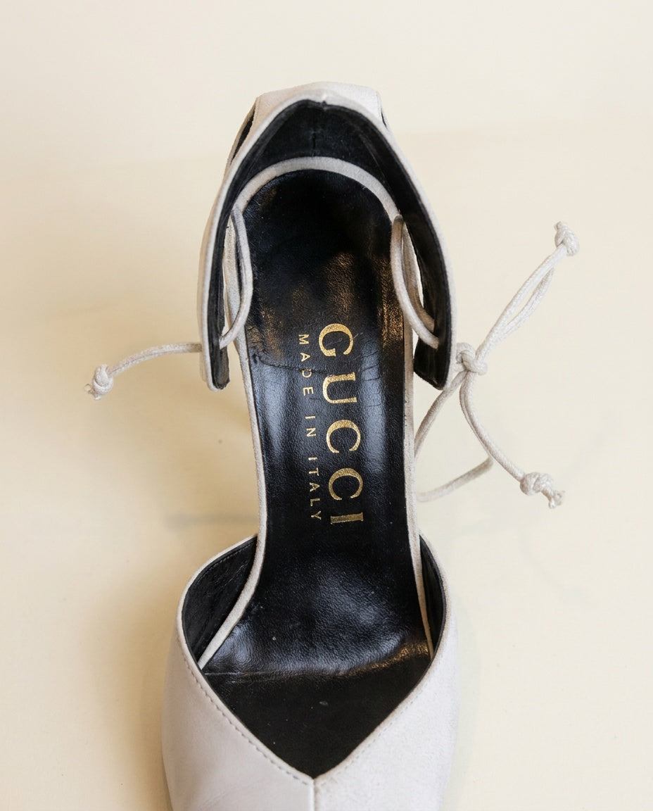 Gucci Pointed-Toe D'Orsay Stiletto Heel with Gold-Ankle Tie, Light Grey/White Matte Upper - photo 3