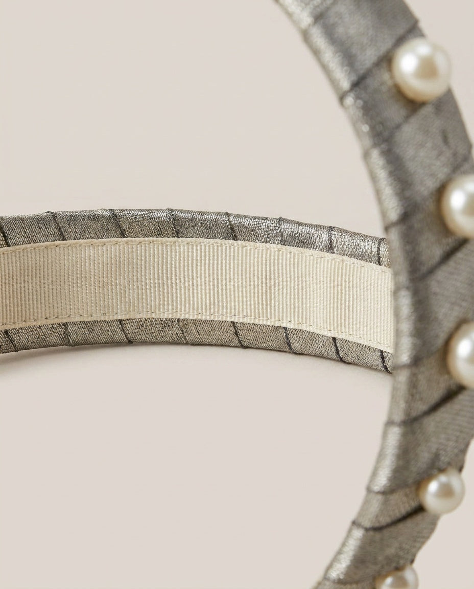 Silver-Grey Fabric-Wrapped Headband with Simulated Pearl Accents - photo 3