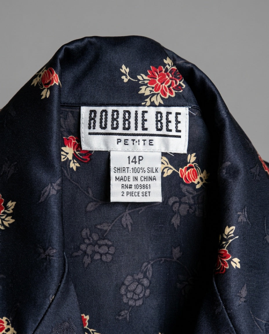 Robbie Bee Petite 100% Silk 2-Piece Jacket & Slip Set - Navy/Red Floral - photo 3