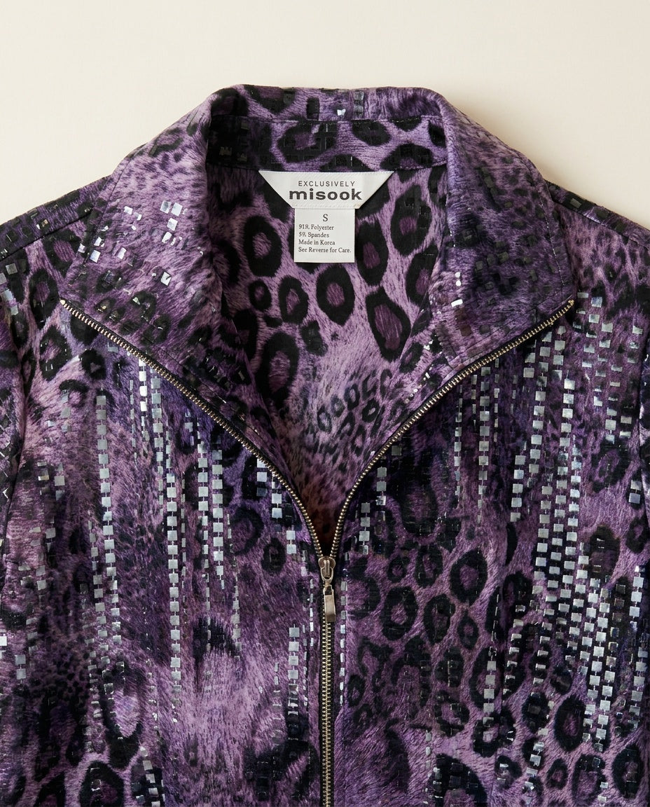 Exclusively Misook Purple/Black Leopard Print Zip-Front Long-Sleeve Jacket with Sequin Stripes - photo 3