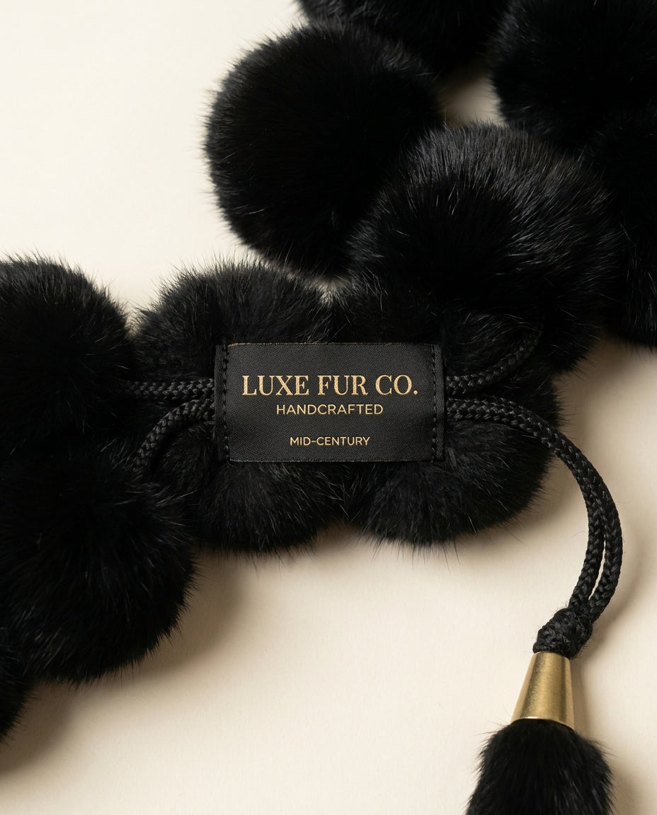 Black Fur Pom-Pom Stole with Gold-Tone Tassel Ends - photo 3
