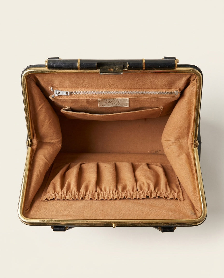Black Structured Box Handbag with Brass Kanji Medallion and Gold Whipstitching - photo 3