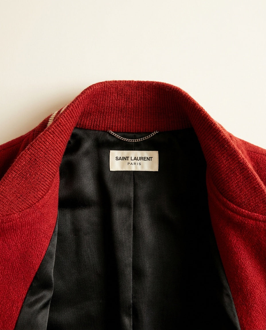 Saint Laurent Red Varsity Bomber Jacket with White/Cream Leather Panels - photo 3