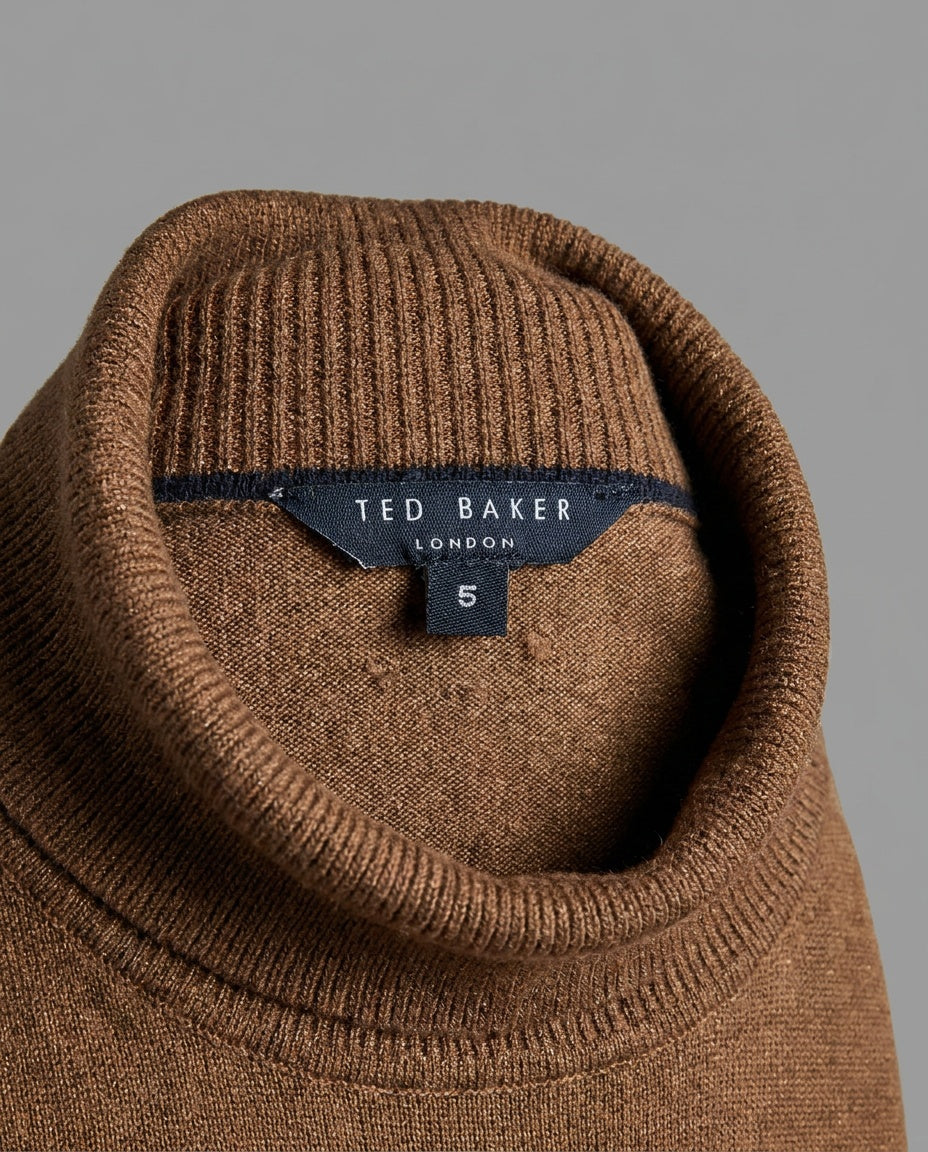 Ted Baker London Fine-Knit Turtleneck Sweater in Medium Brown with Navy Trim - photo 3