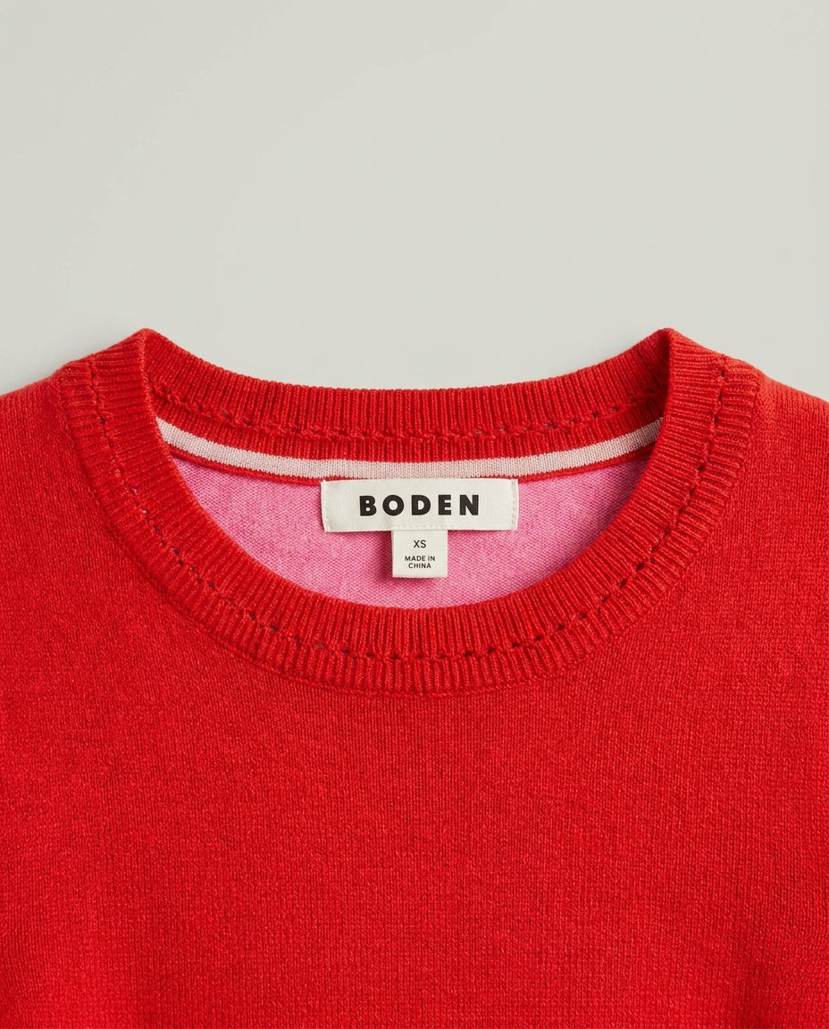 BODEN Color-Block Short-Sleeve Knit Sweater in Red and Pink - photo 3