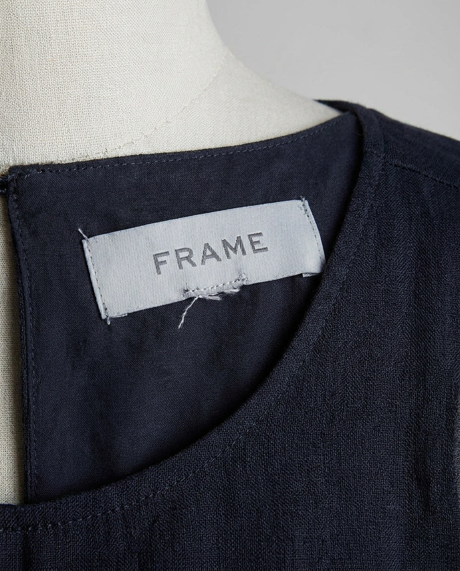 FRAME Navy Semi-Sheer Midi Dress with Puff Sleeves - photo 3