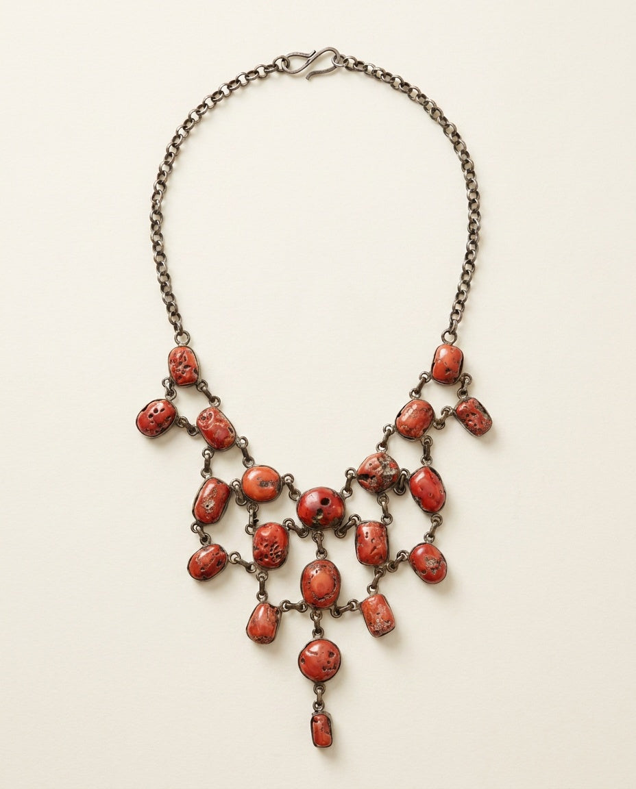 Vintage Multi-Strand Bib Necklace with Red-Orange Cabochon Stones - photo 3