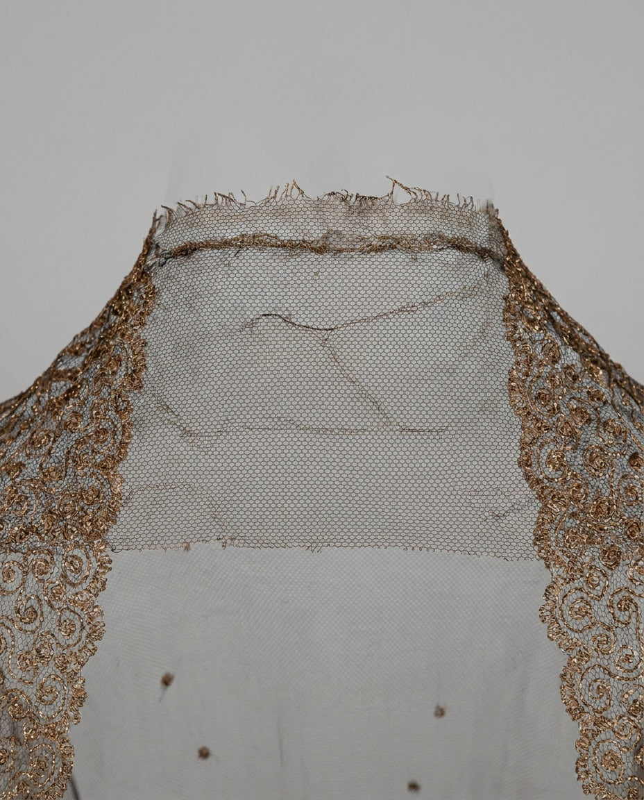 Triangular Embroidered Net Shawl with Bronze/Gold Metallic Thread - photo 2