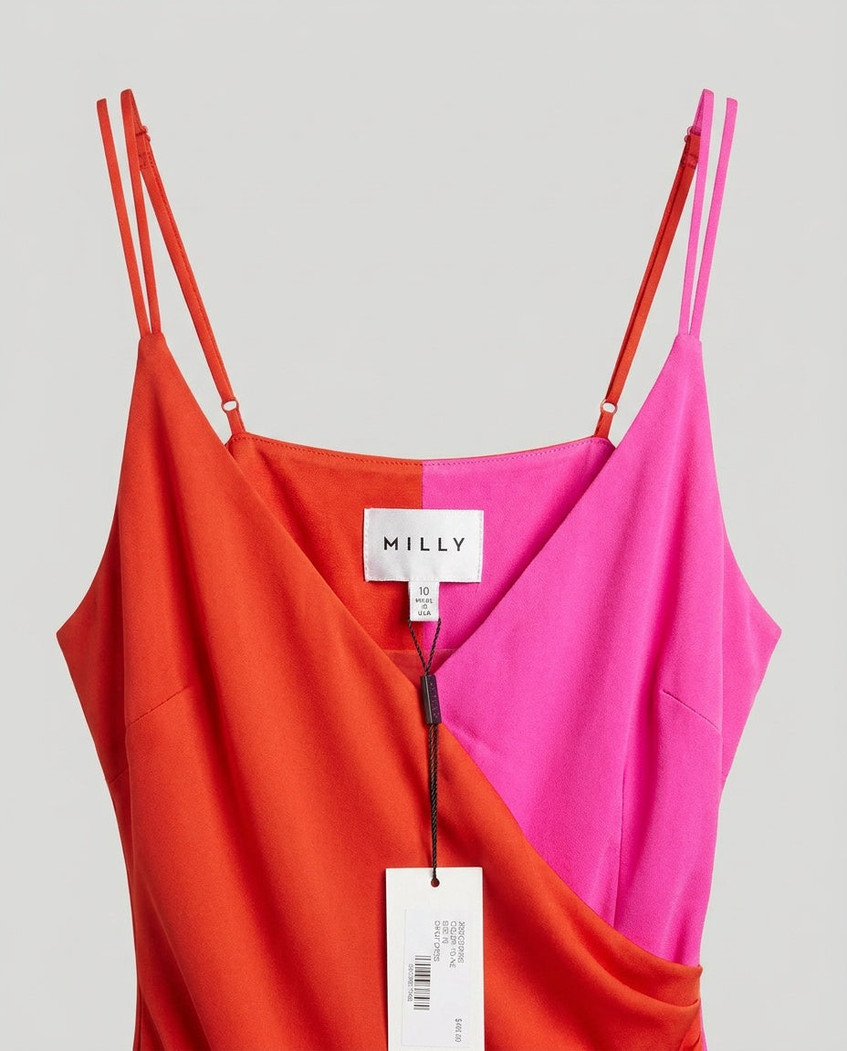 MILLY Color-Block Slip Mini Dress in Red-Orange & Hot Pink - photo 2