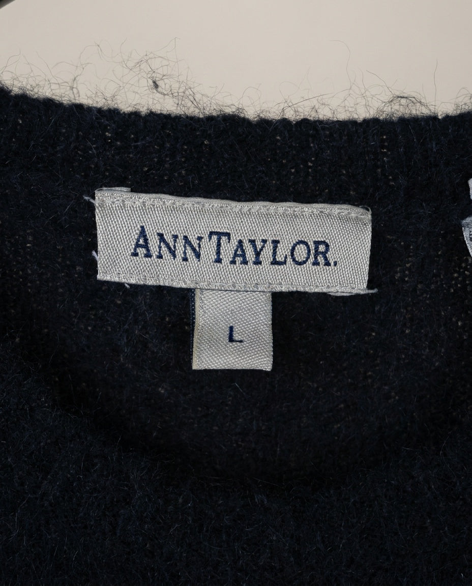 Ann Taylor Short-Sleeve Crewneck Knit Sweater in Dark Navy with Angora Blend - photo 3
