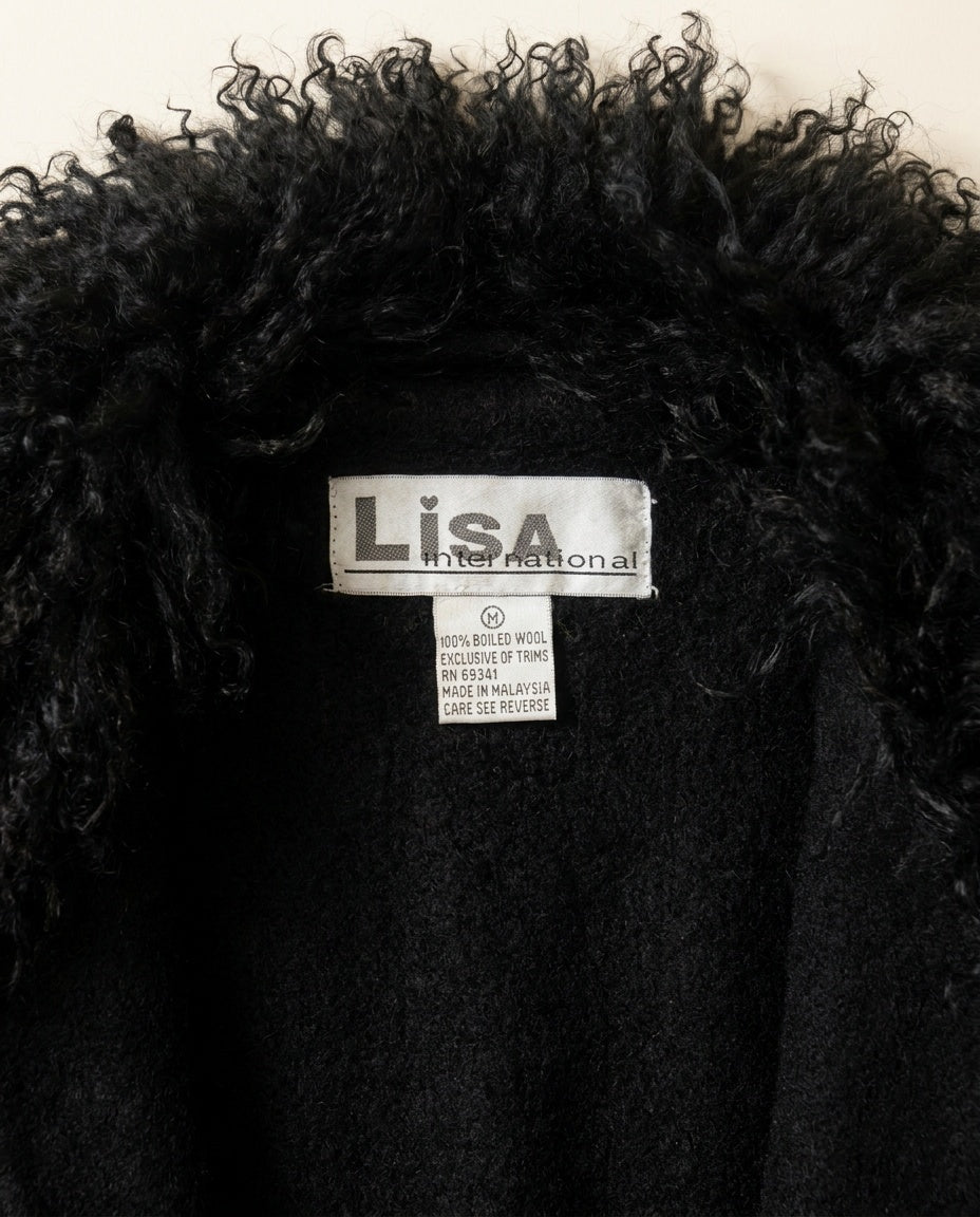 LiSA International Black Boiled Wool Zip Jacket with Curly Fur Collar - photo 3
