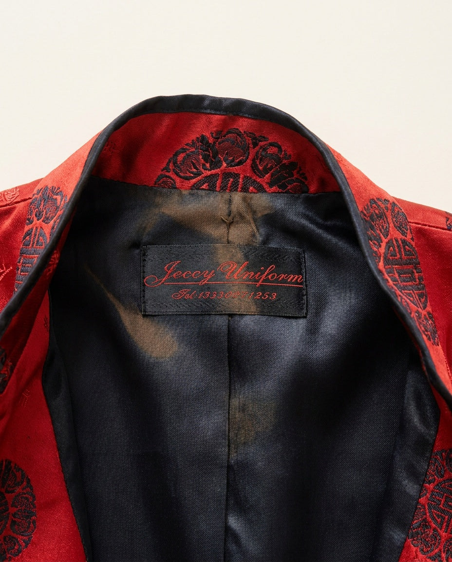 Jeccy Uniform Red Mandarin Collar Jacket with Black Medallion Motifs - photo 3