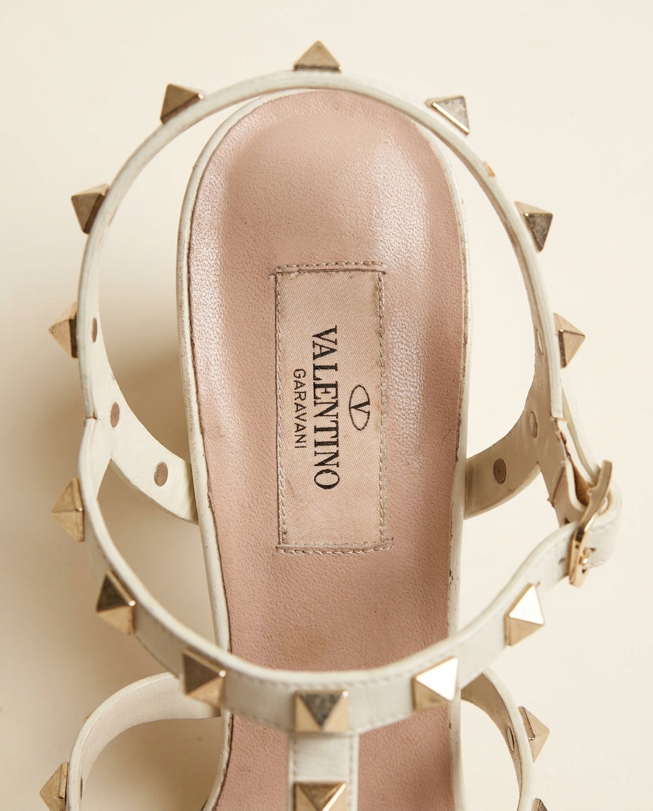 Valentino Garavani White Studded Block-Heel Sandals with Gold Studs - photo 3