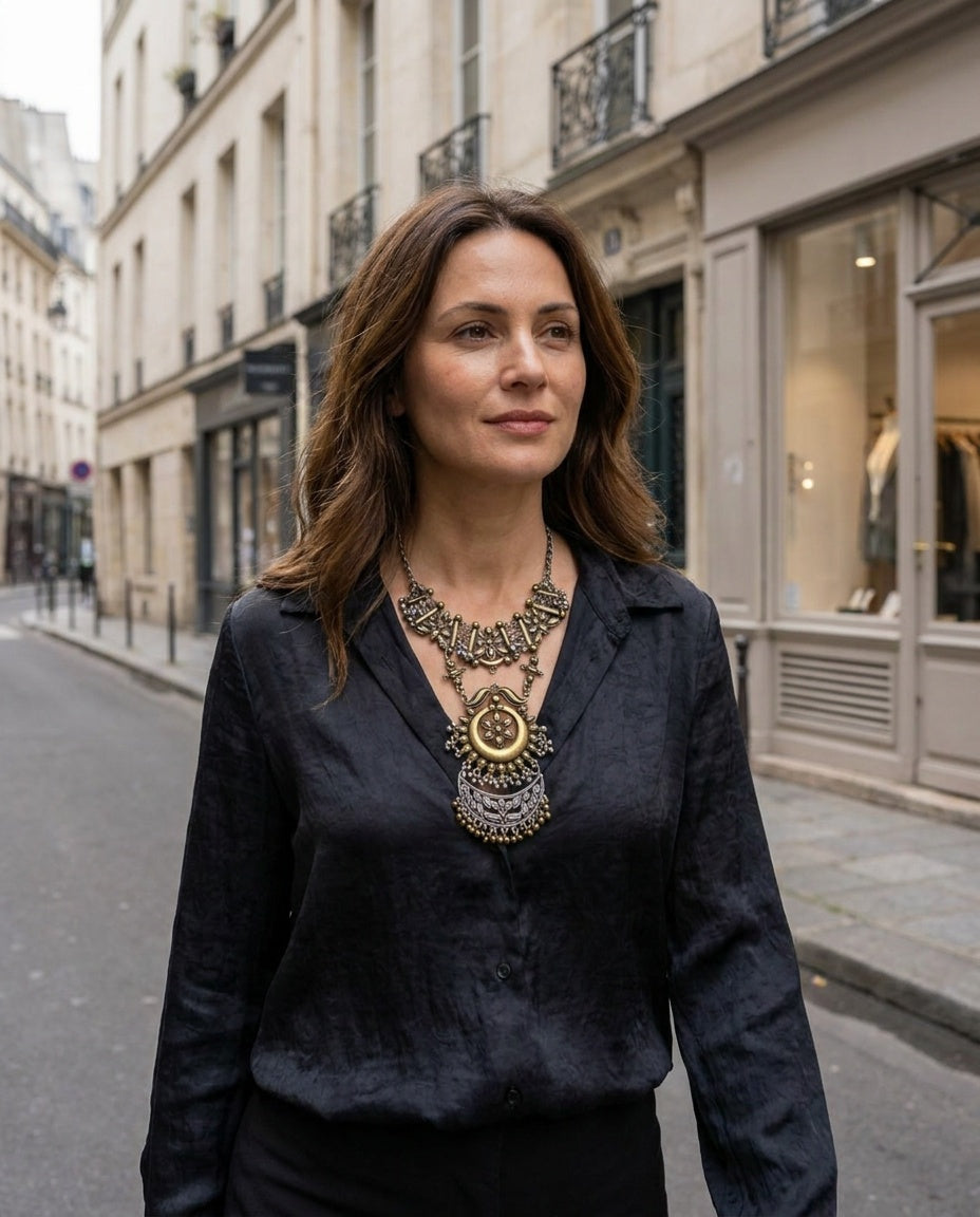 Dual-Tone Chandelier Statement Necklace with Ornate Bib Panels - photo 4